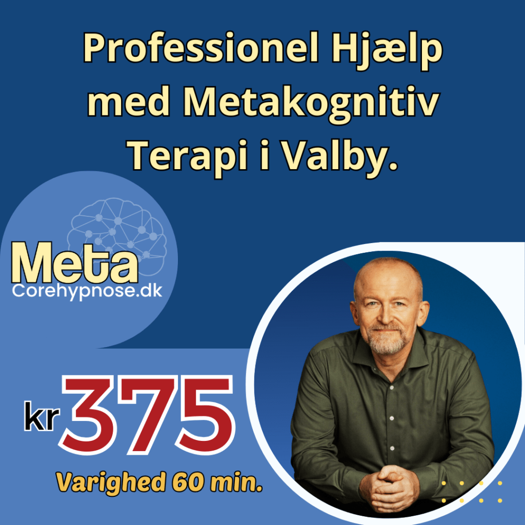 Reklame for professionel hjælp med Metakognitiv Terapi hos corehypnose.dk i Valby. Billedet viser Lars, metakognitiv terapeut og hypnotisør, der smiler, omkranset af tekst og grafik, der fremhæver tilbuddet om terapi til en pris af 375 kr. for 60 minutter